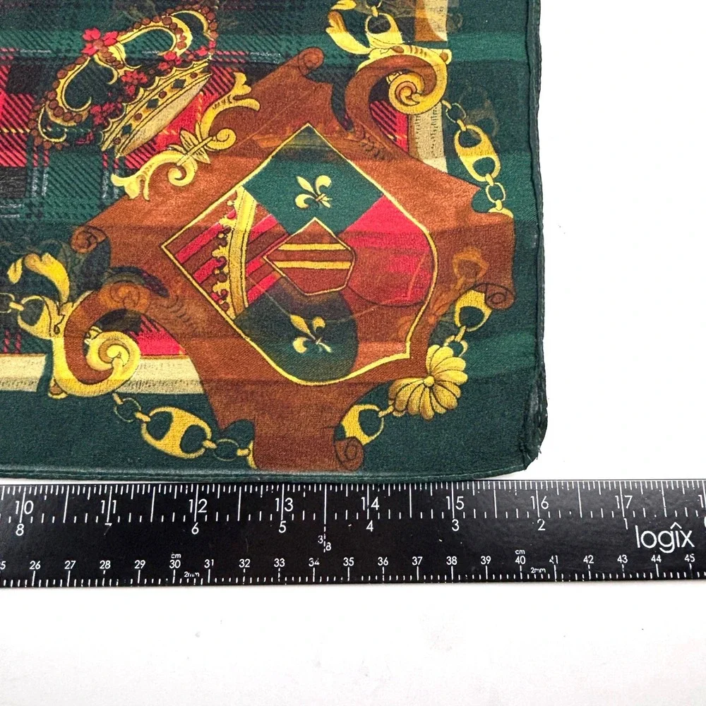 Vtg Heraldic Crest Plaid Scarf Women OS Green Red Square Silk-y Royalcore Preppy